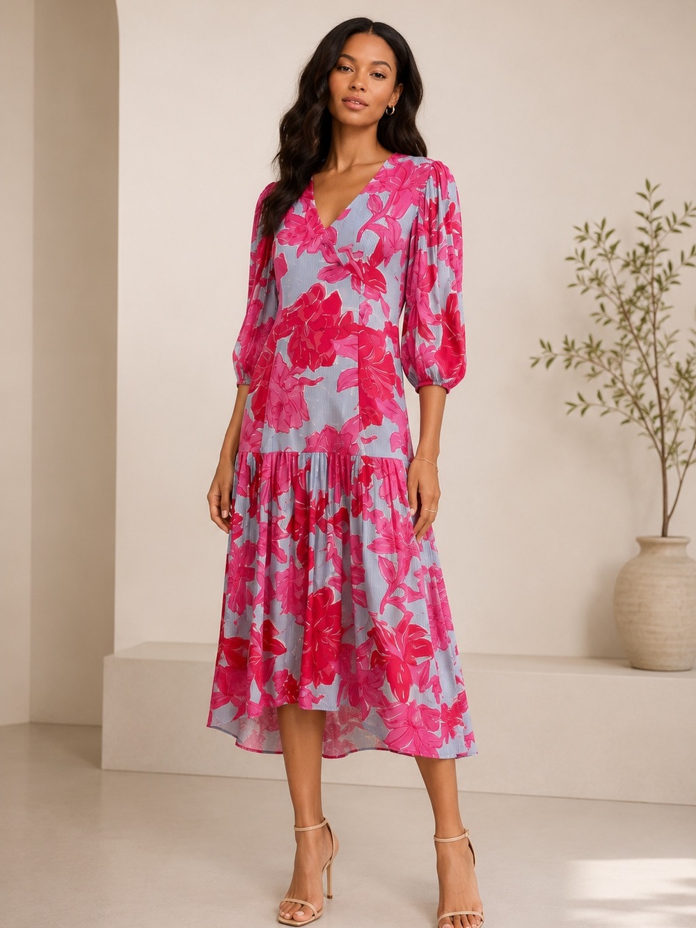 VINEYARD VINES Pink Floral Midi DressV-Neck Tiered Dress Size 6 Kentucky Derby